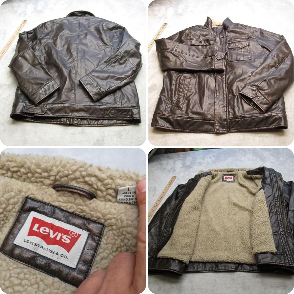 Levis Jacket Men Large Brown Faux Leather Sherpa Lined Pockets Snap Zip Front
